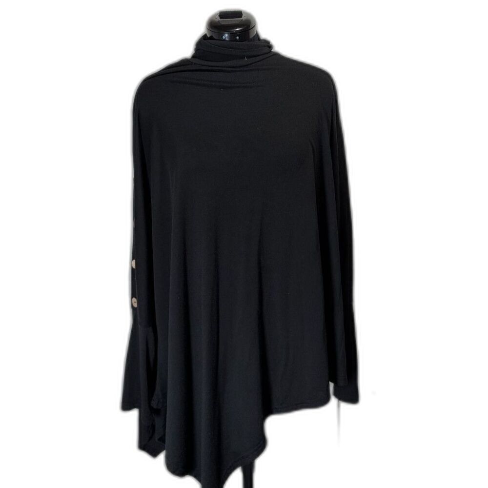 Black Cowl Neck Asymmetric Poncho Top Button Sleeve Detail